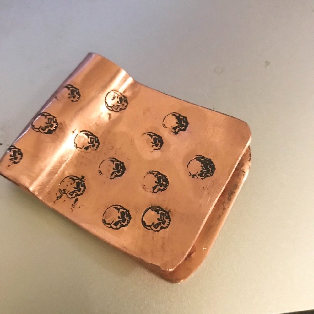 Rustic Skull Solid Copper Money Clip Artisan Handmade Stamped Biker Unisex Gift - Picture 4 of 9
